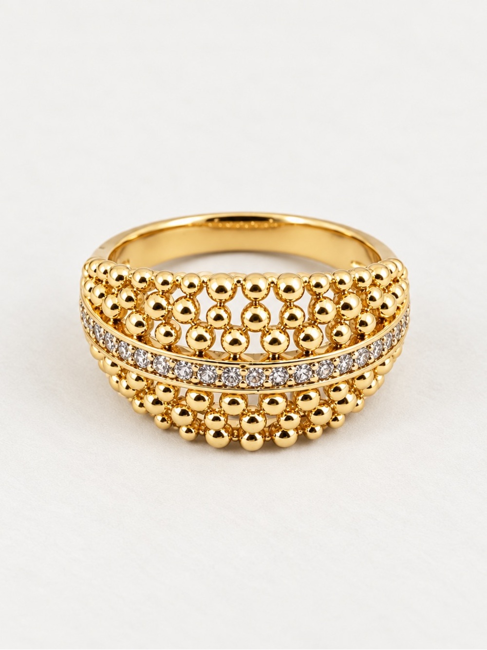 14K Gold Plated Real Zircon Beaded Wide Band Ring Pavé Statement Jewelry